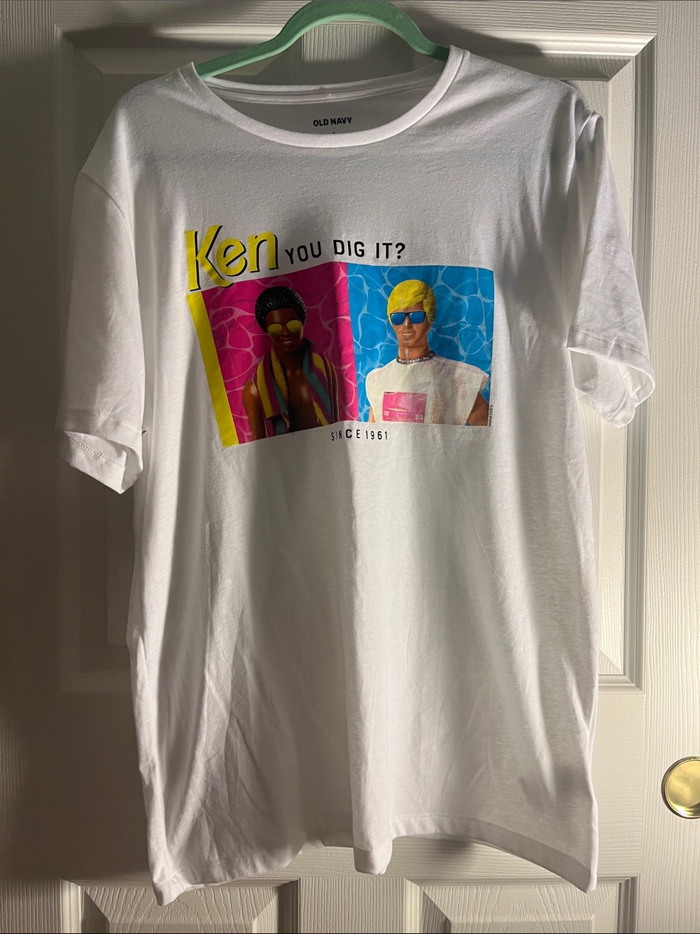 Old Navy Large White Ken Graphic Short Sleeve Tee with Pink & Blue Accents